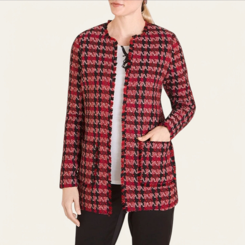 NWT Chico’s Red & Black Houndstooth Tweed Blazer Jacket Size Petite Size 12